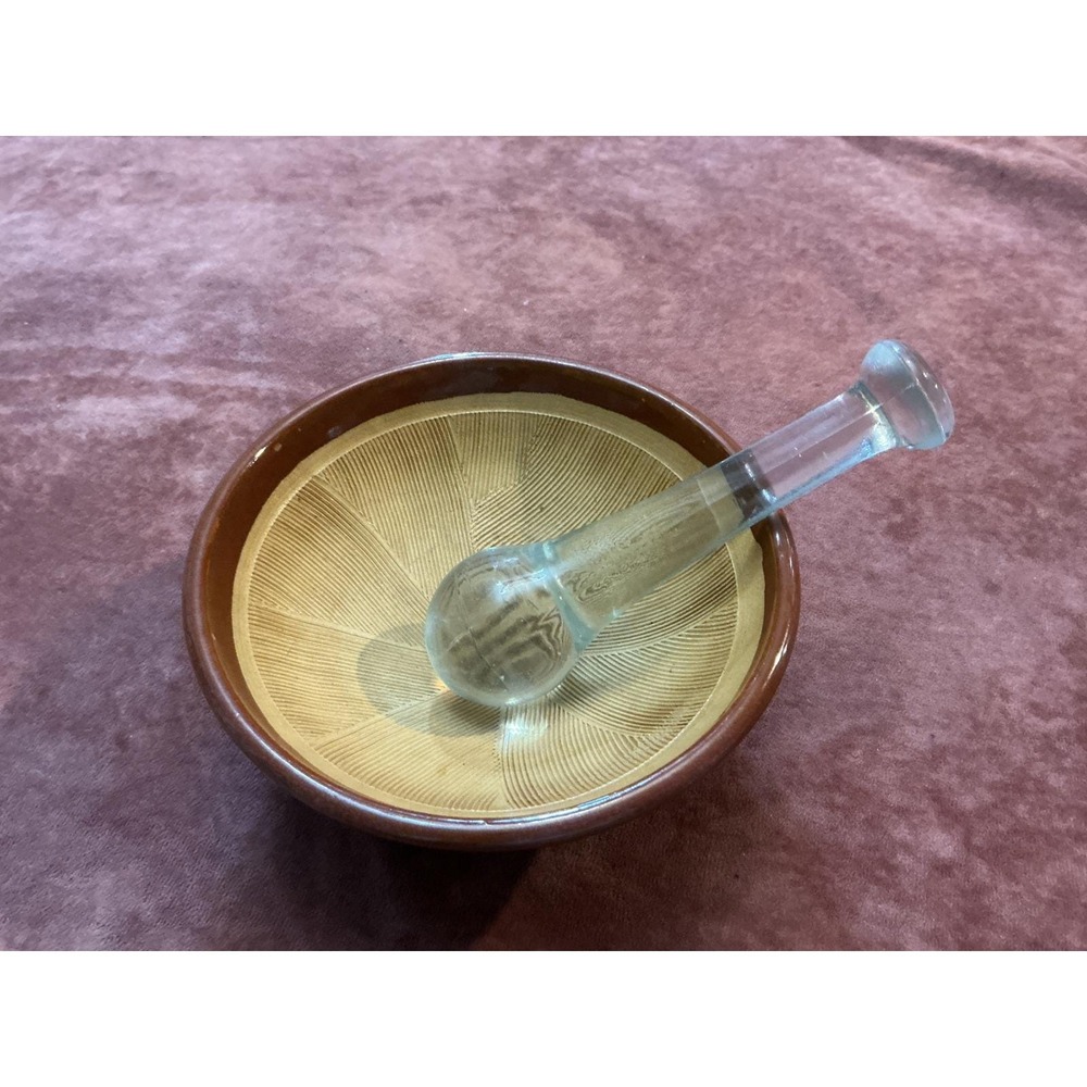 Vintage Japanese Suribachi Mortar and Glass Pestle Set Brown Ceramic 6.25" Bowl